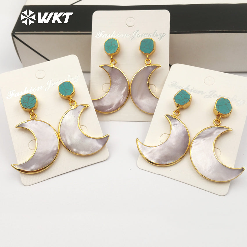 WT-E430 Exquisite Design Open Moon Shape Pearl Shell Mosaic Green Stone Gold Dipped Drop Earring for Women Fashion Earring