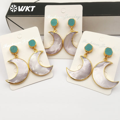 WT-E430 Exquisite Design Open Moon Shape Pearl Shell Mosaic Green Stone Gold Dipped Drop Earring for Women Fashion Earring
