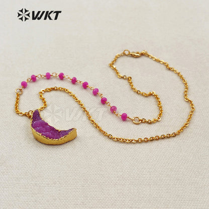 WT-N1079 WKT Wholesale New Fashion Design Colorful Unique Glass Beaded Chain Titanium Druzy Agate Crescent Horn Necklace