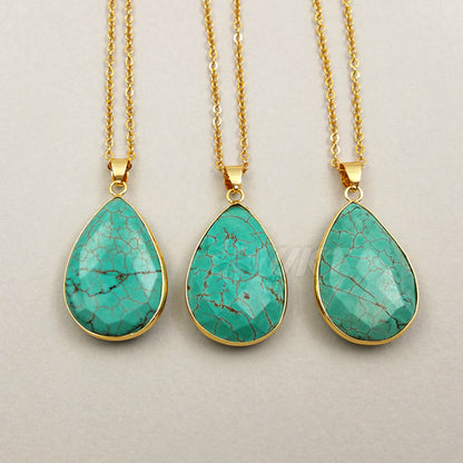 WT-N1085 WKT Wholesale New Fashion Natural Green Stone 24k Real Gold Wrapped on Edge Teardrop Turquoise Pendant Necklace