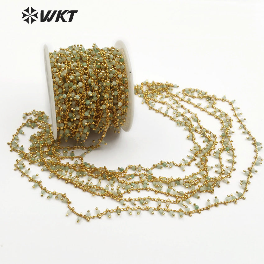 WT-RBC084 Wholesale Fashion Chain Sales by Meter a Combination of Green Chalcedony and Gold Beads Light Green Rosary Brass Chain