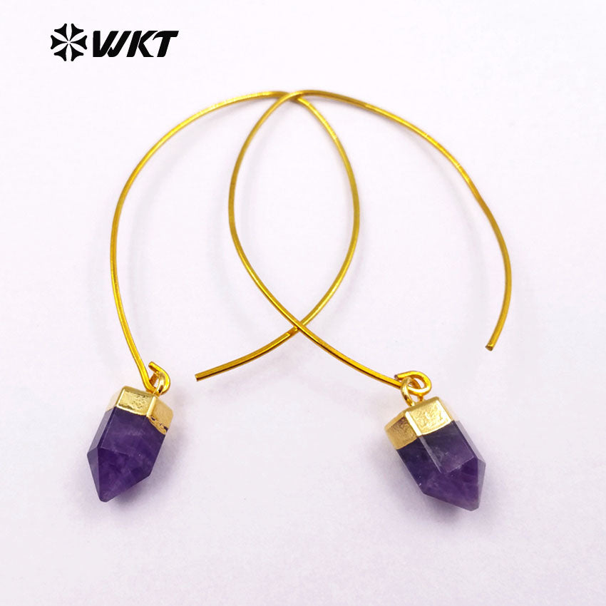 WT-E411 WKT Wholesale Real Gold Plated Bullet Shape With Hook Suitable for Women Tiger Eye Dangle Earrings
