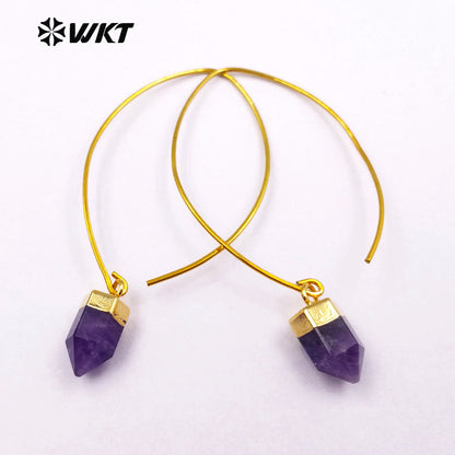 WT-E411 WKT Wholesale Real Gold Plated Bullet Shape With Hook Suitable for Women Tiger Eye Dangle Earrings
