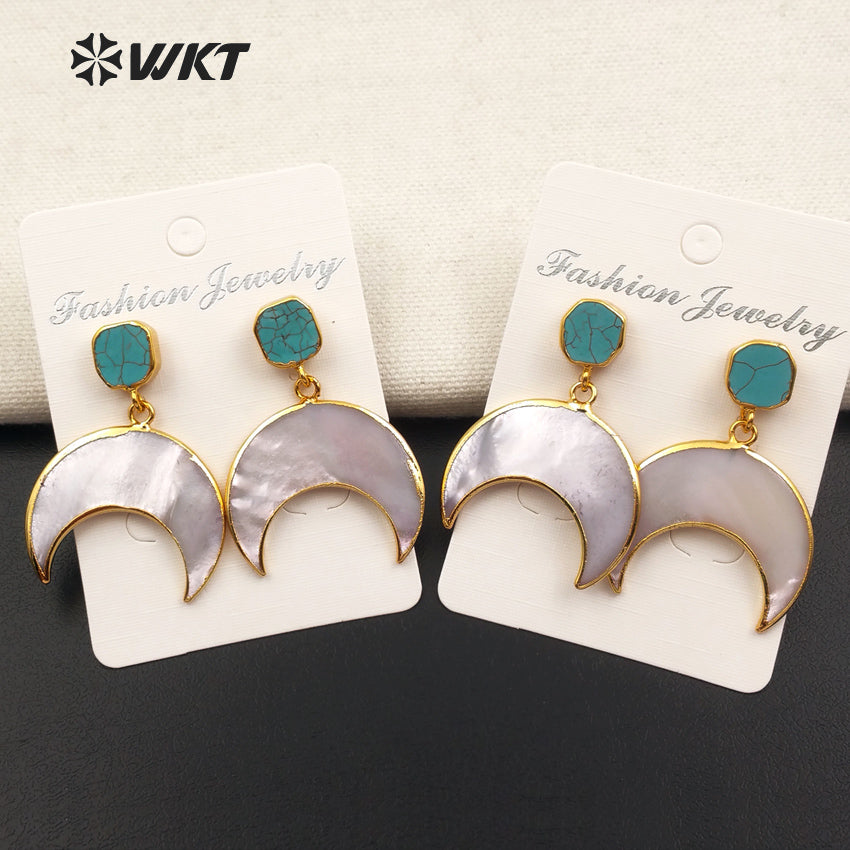WT-E429 Exquisite Design Crescent Shape Pearl Shell Mosaic Natural Stone Gold Dipped Drop Earring Gift for Women