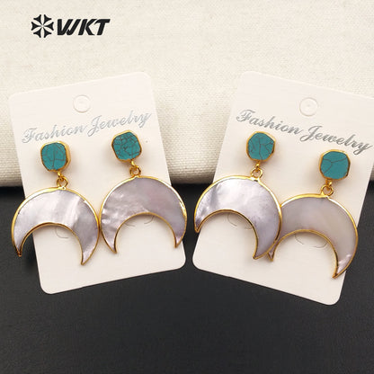 WT-E429 Exquisite Design Crescent Shape Pearl Shell Mosaic Natural Stone Gold Dipped Drop Earring Gift for Women