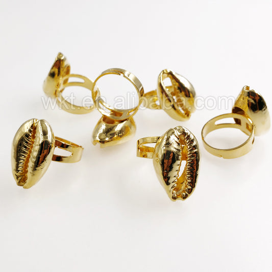WT-R134 New! Full Gold Plated Cowrie Rings in 24k Gold, Natural Real Shell Cowrie Rings