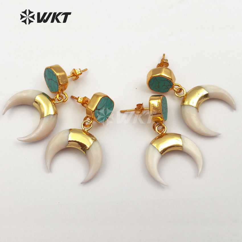 WT-E427 New Vintage Design Crescent Shape Natural Shell Drop Earring With Green Stone on Top Push Earring for Fashion Women