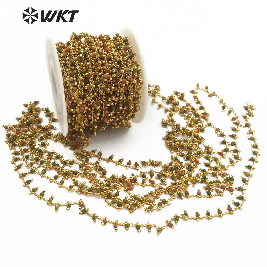 WT-RBC088 Multi-purpose Jewelry Making Necklace Bracelet Jewelry New Bean Green Granite Stone with Unakite Rosary Brass Chain