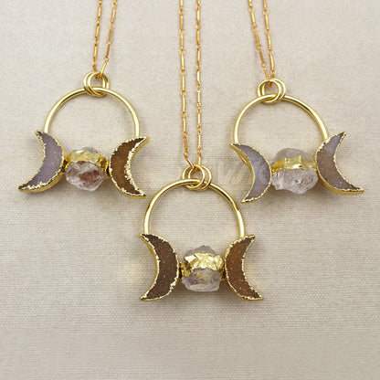 WT-N1075 WKT Wholesale Fashion Crescent Horn Drusy Ball Clear Crystal 24k Real Gold Plated Stick Chain Crystal Druzy Necklace
