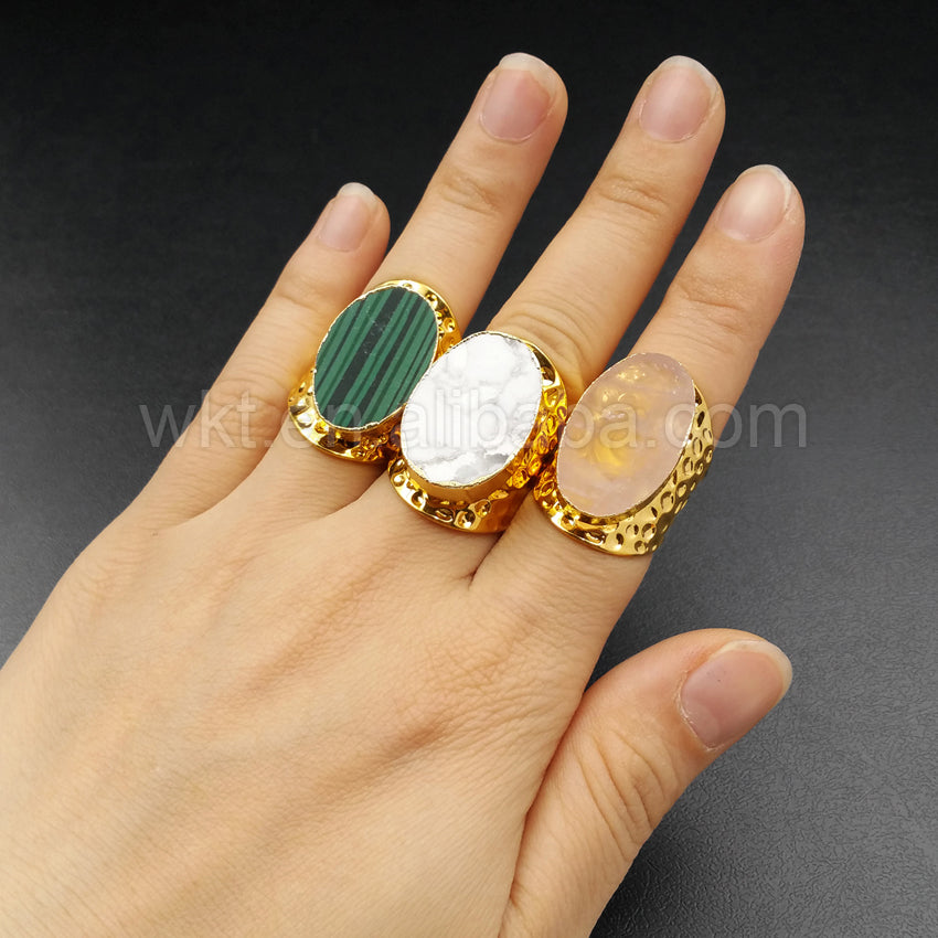 WT-R268 Simple Ring 24K Gold Plated Natural White Turquoise Ring for Women Wholesale Gold Bezel Ring