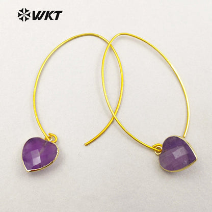 WT-E410 Amethyst Personalized Hook Earring Faceted Natural Heart Stone Drop Women Earring with Jewelry Gift Gold Plated Earring