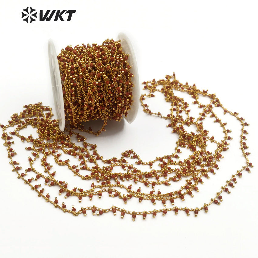 WT-RBC085 Classic Retro Atmosphere Brown Red High Quality Stone Multi-function Necklace Decoration Gold Sand Brass Rosary Chain