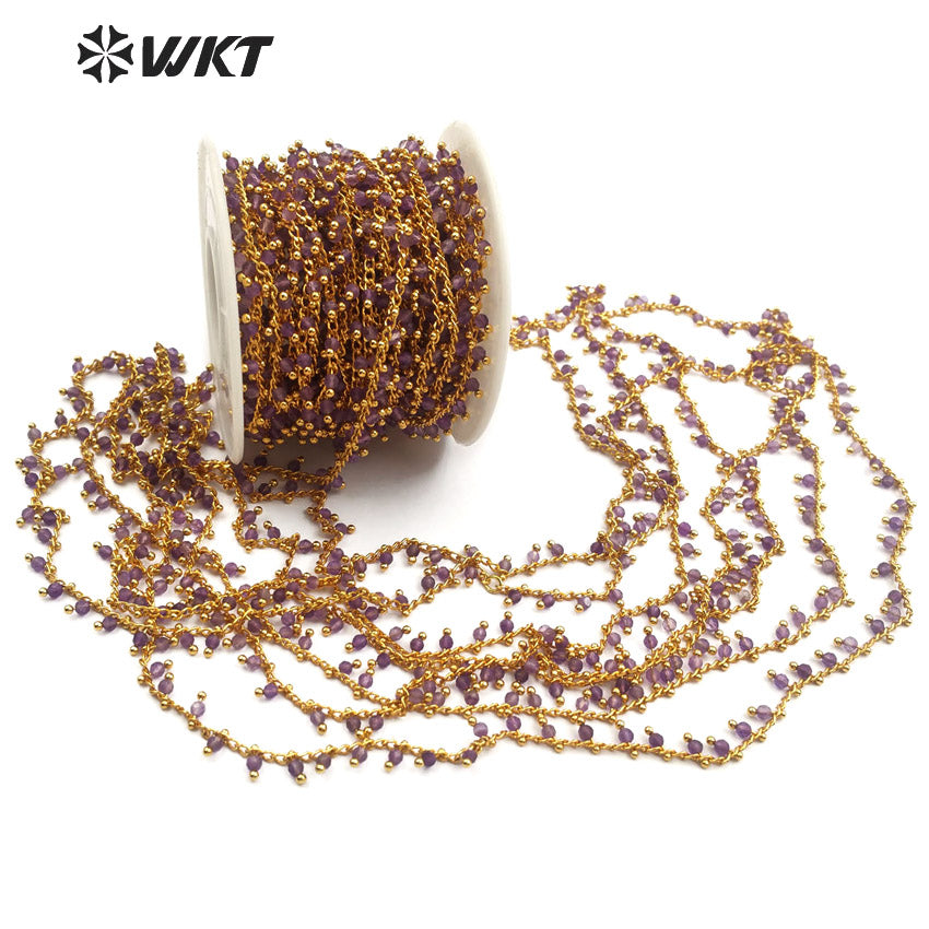 WT-RBC087 Fashion Beautiful Mysterious High Quality Necklace Bracelet Chain Purple Natural Amethyst Stone Brass Rosary Chain