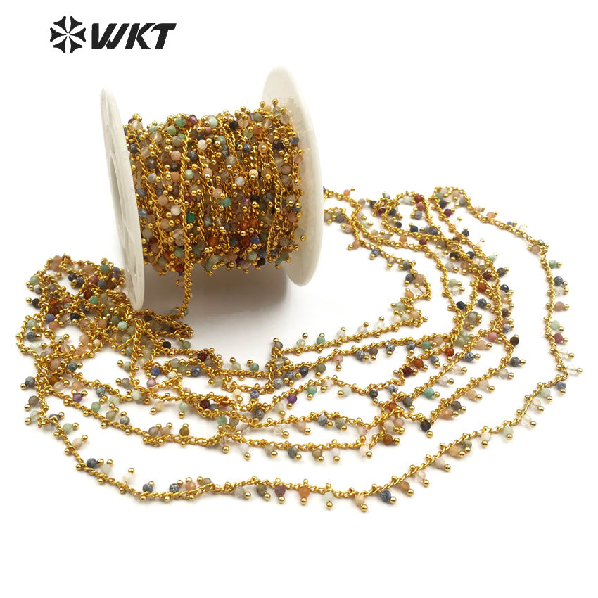 WT-RBC094 Wholesale 20 Meters Jewelry Making Necklace Natural Multicolor Stone Mixed with Rosary Brass Beads Chain