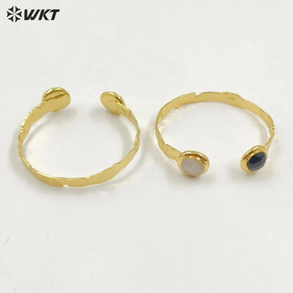 WT-B650 Newest Design Fashion 18K Real Gold Plated Resist Tarnishable Double Round Labradorite Stone Open Size Women Bangle