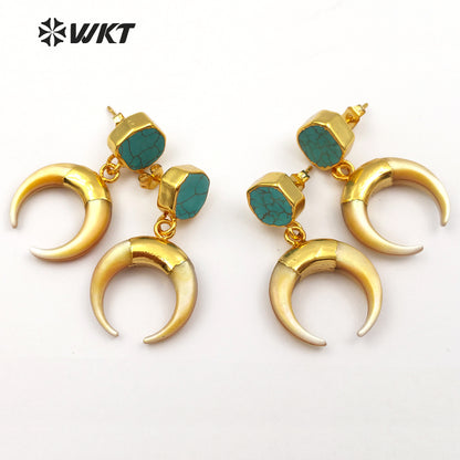 WT-E427 New Vintage Design Crescent Shape Natural Shell Drop Earring With Green Stone on Top Push Earring for Fashion Women