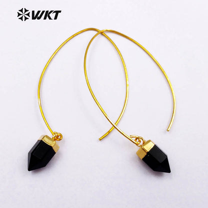 WT-E411 WKT Wholesale Real Gold Plated Bullet Shape With Hook Suitable for Women Tiger Eye Dangle Earrings