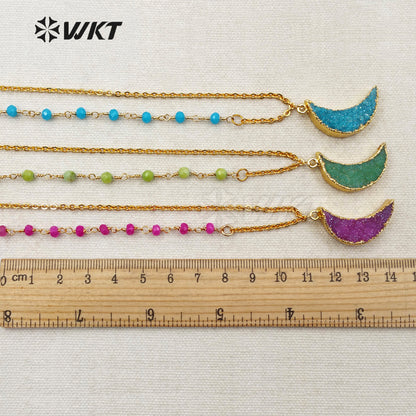 WT-N1079 WKT Wholesale New Fashion Design Colorful Unique Glass Beaded Chain Titanium Druzy Agate Crescent Horn Necklace