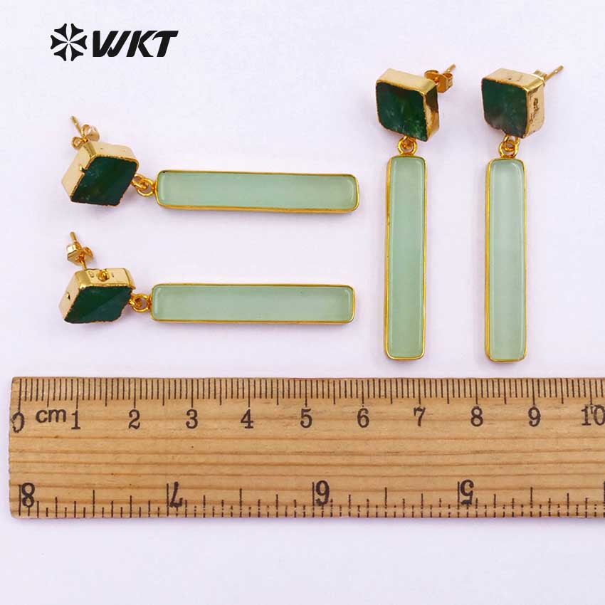 WT-E420 Simple Style Women Dangle Stone Earrings 24K Metal Plated Dark and Light Green Natural Stone Drop Earring Jewelry