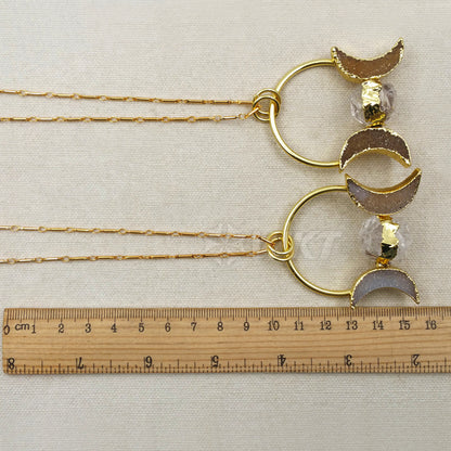 WT-N1075 WKT Wholesale Fashion Crescent Horn Drusy Ball Clear Crystal 24k Real Gold Plated Stick Chain Crystal Druzy Necklace