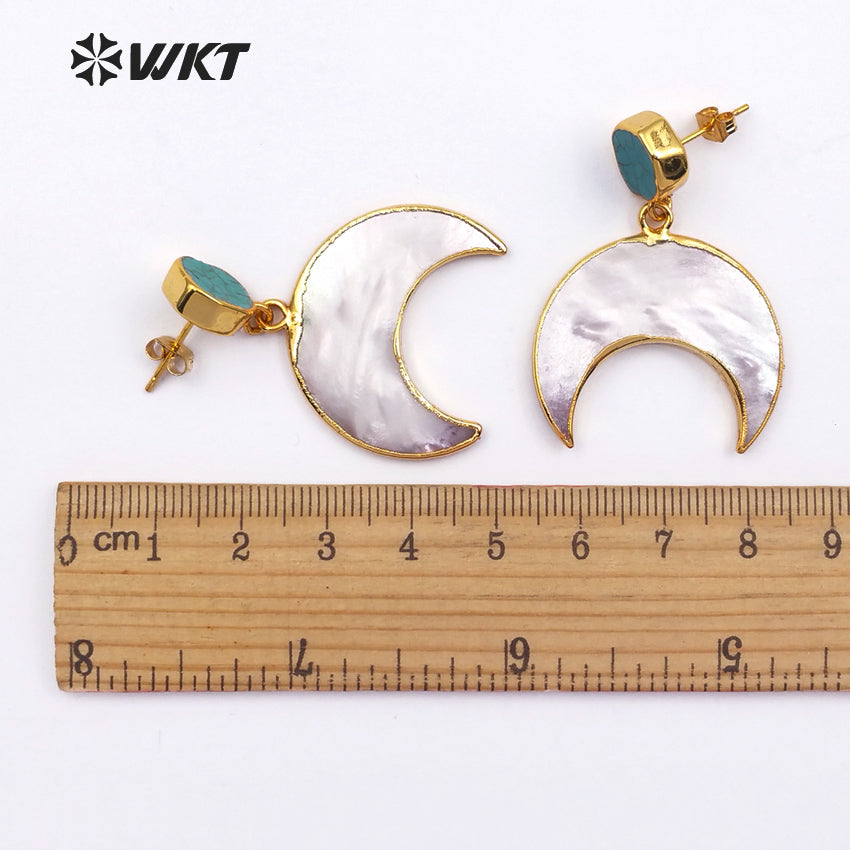 WT-E429 Exquisite Design Crescent Shape Pearl Shell Mosaic Natural Stone Gold Dipped Drop Earring Gift for Women