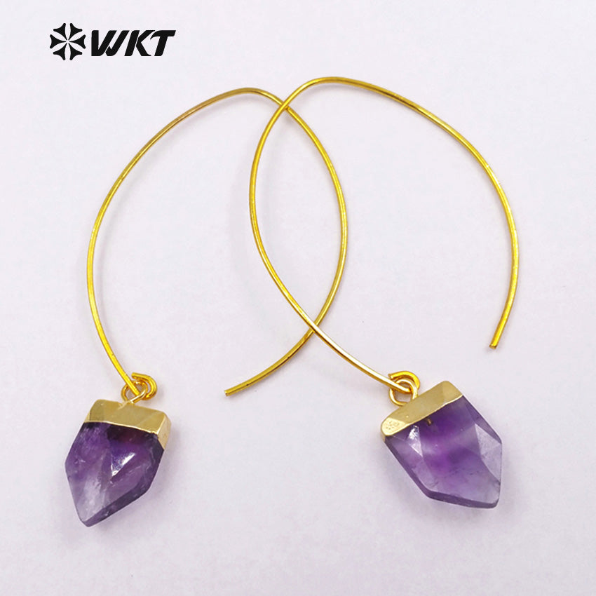 WT-E412 WKT New Fashion Real Gold Plated Hook Tapered Shape Gemstone Earrings With Unique Design Amethyst Earrings for Women