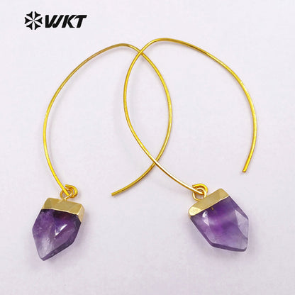 WT-E412 WKT New Fashion Real Gold Plated Hook Tapered Shape Gemstone Earrings With Unique Design Amethyst Earrings for Women