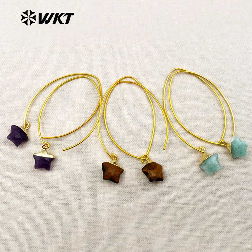 WT-E408 New Arrival ! Multi-optional Natural Gemstone Earrings Exquisite Design Mini Star Shape Earrings Brass Hook Earrings
