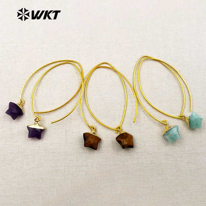 WT-E408 New Arrival ! Multi-optional Natural Gemstone Earrings Exquisite Design Mini Star Shape Earrings Brass Hook Earrings