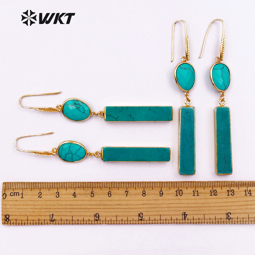 WT-E423 New!!! Green Natural Stone Strip Fashion Style Hook Earrings Rectangle Oval 24K Plated Earrings Faced Stone Earrings