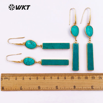 WT-E423 New!!! Green Natural Stone Strip Fashion Style Hook Earrings Rectangle Oval 24K Plated Earrings Faced Stone Earrings