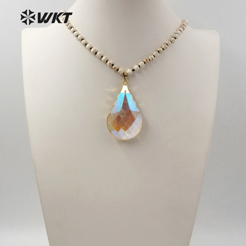 WT-N1096 WKT Wholesale New Fashion 6mm White Turquoise Beads 30 Inch Long Angel Faceted Teardrop Crystal Charm Necklace