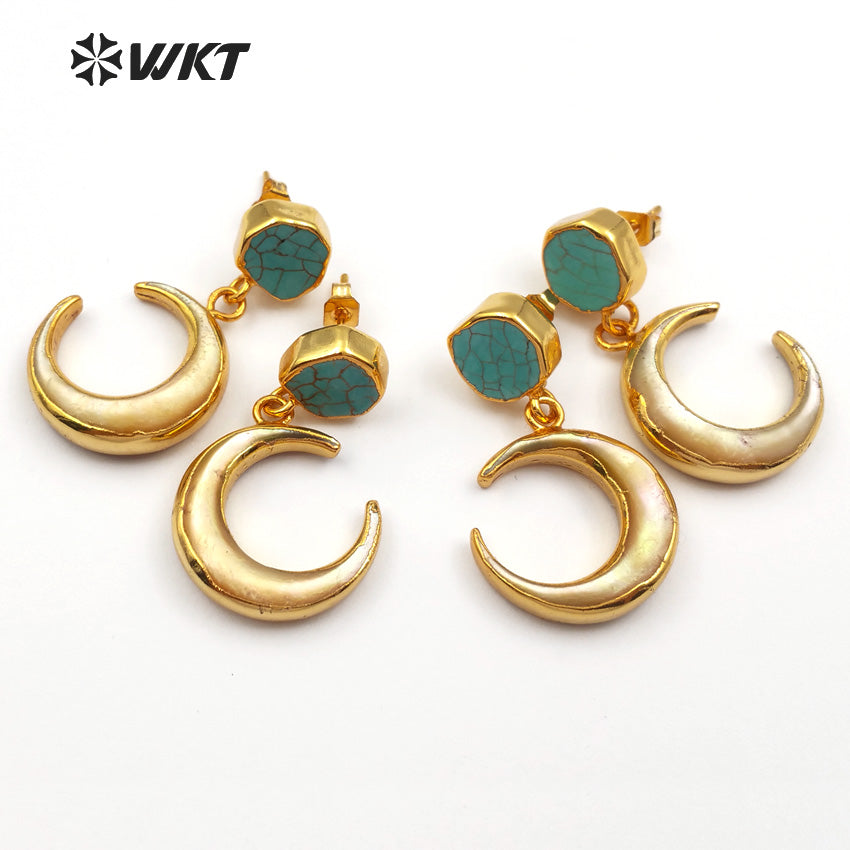 WT-E428 New Arrivals Open Moon Shape Earring Natural Green Stone on Top With White Shell or Yellow Shell Mosaic Drop Earring