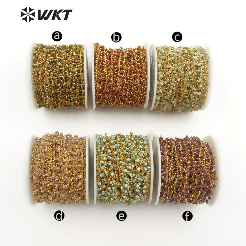 WT-RBC084 Wholesale Fashion Chain Sales by Meter a Combination of Green Chalcedony and Gold Beads Light Green Rosary Brass Chain