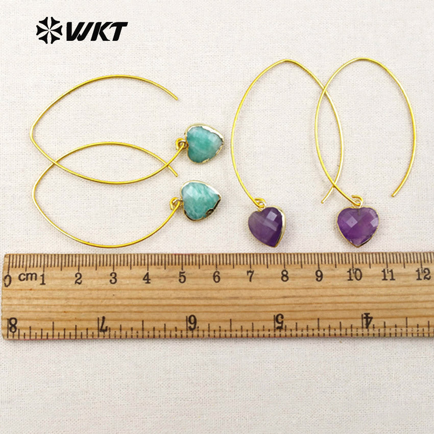 WT-E410 Amethyst Personalized Hook Earring Faceted Natural Heart Stone Drop Women Earring with Jewelry Gift Gold Plated Earring