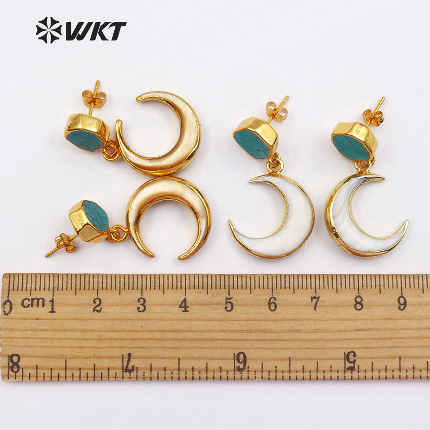 WT-E428 New Arrivals Open Moon Shape Earring Natural Green Stone on Top With White Shell or Yellow Shell Mosaic Drop Earring