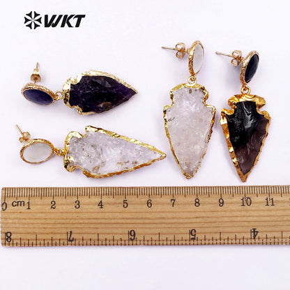 WT-E424 in Stock Classic Shield Style Dangle Earrings Beautiful Crystal Quartz Metal Plated Stone Earrings About a Lot/5pairs