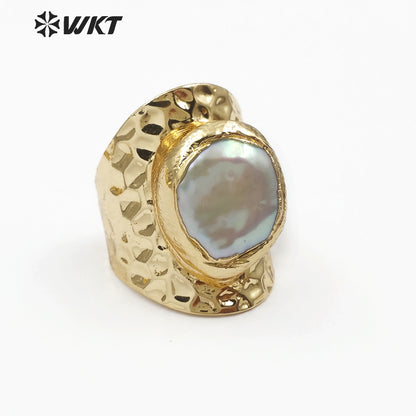 WT-R328 Classic Unique Each One Is Different Shell Jewelry in Gold Plated Adjustable Women's Fine Natural Freshwater Pearl Rings