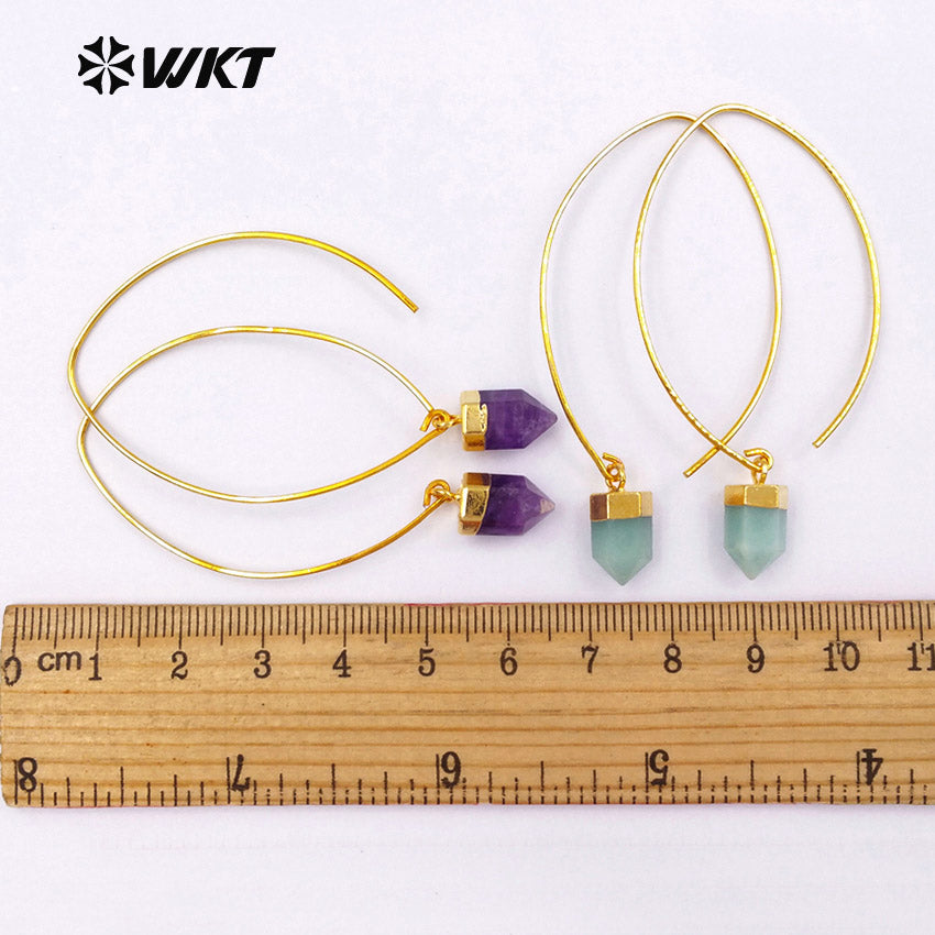 WT-E411 WKT Wholesale Real Gold Plated Bullet Shape With Hook Suitable for Women Tiger Eye Dangle Earrings