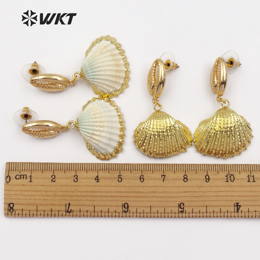 WT-E439 Wholesale New Arrived Shell Earrings for Girl With 18k Gold Plated Natural While Scallop Shell Earrings for Summer