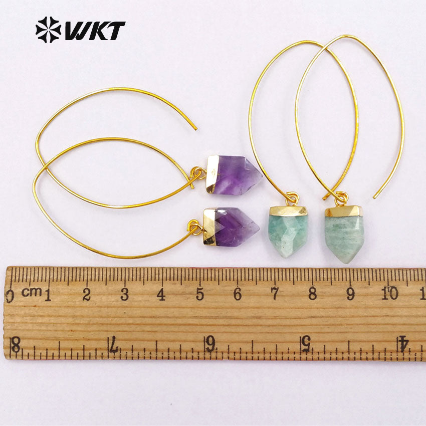 WT-E412 WKT New Fashion Real Gold Plated Hook Tapered Shape Gemstone Earrings With Unique Design Amethyst Earrings for Women