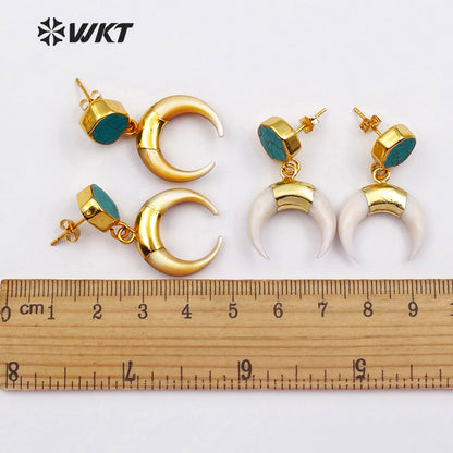 WT-E427 New Vintage Design Crescent Shape Natural Shell Drop Earring With Green Stone on Top Push Earring for Fashion Women