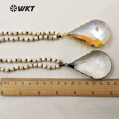 WT-N1096 WKT Wholesale New Fashion 6mm White Turquoise Beads 30 Inch Long Angel Faceted Teardrop Crystal Charm Necklace
