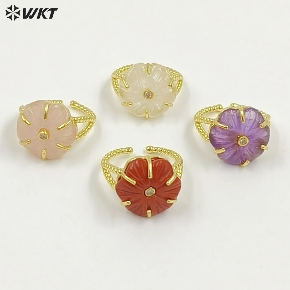 WT-R584 Wonderful Gold Plated Zircon And Natural Gemstones Lovely Flower Shape Adjustable Rings For Women Party Wearing Jewelry