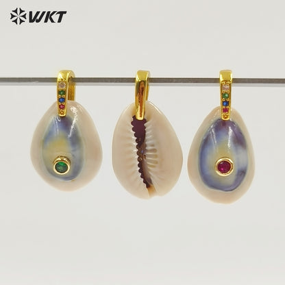 WT-JP493 Fashion Trend Blue Eye Cowrie Shell With Round Zircon Little Pendants Charms For Women Earrings Jewelry Design
