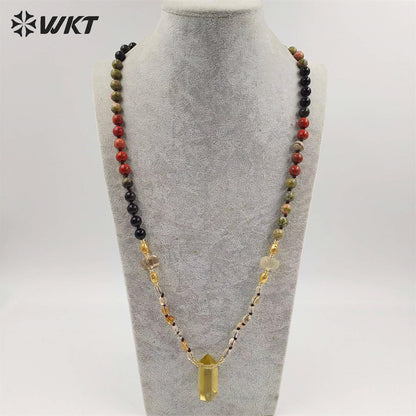 WT-N1414 WKT Lucky Handmade Energy Yellow Citrine Necklace 8mm Natural Stone Beads Necklace in 30 Inch Long Healing Necklace