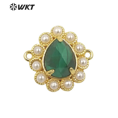 WT-PC008 Delicate Fashion 18K Real Gold Plated Resist Tarnishable Gemstone Carved Drop Pearl Connectors