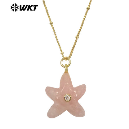 WT-N1532 Popular Trendy Gold Thin Chain With Starfish Shape Natural Gemstones Pendants Necklaces As Female Daily Decoration