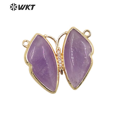 WT-P1881 Amazing Lifelike Lovely Natural Stone Butterfly Pendant Gold Double Loops Sun Stone Jewelry Pendant for Birthday Gift