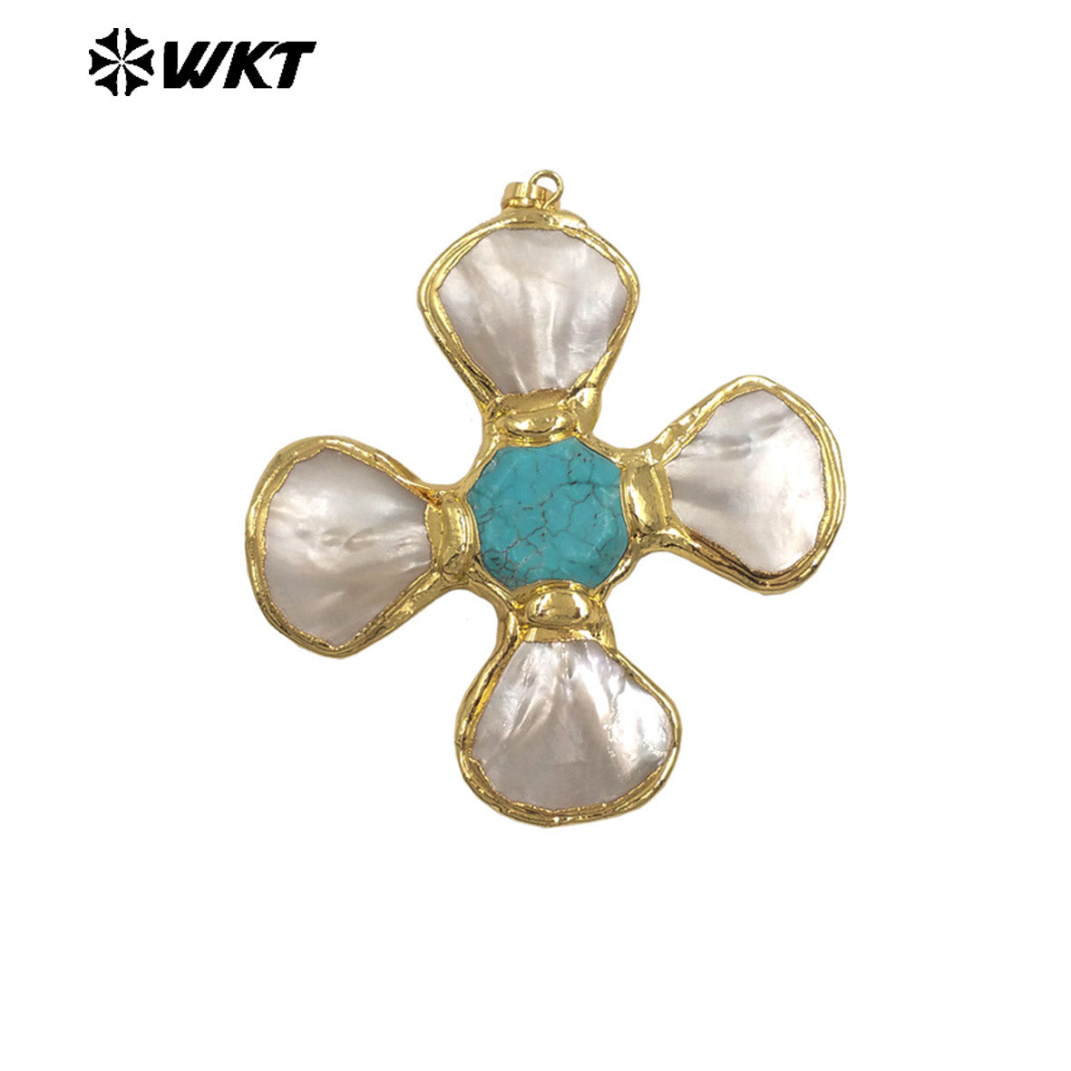 WT-JP425 Fashion Attractive Gold Plated Shell Middle With Natural Gemstones Flowers Shape Pendant For Jewelry Diy Making